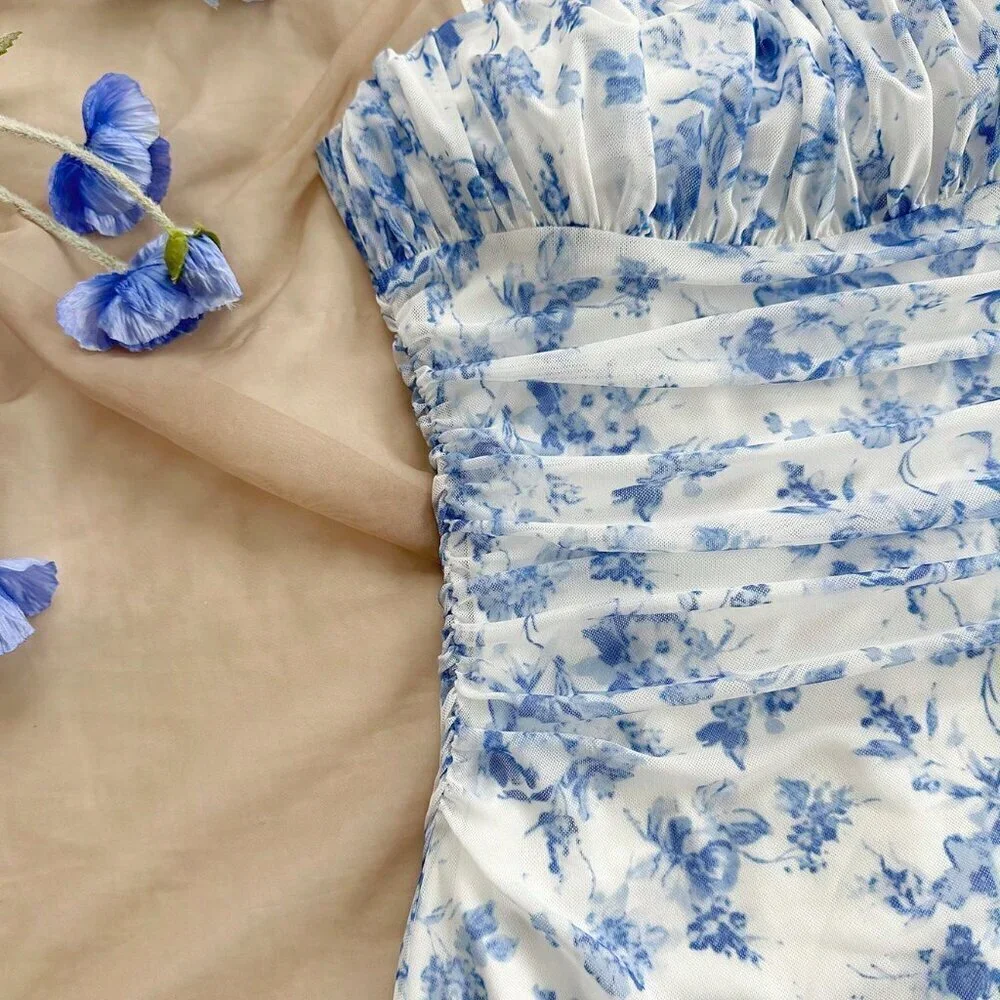Blue And White Boho Women's Floral Mesh Halterneck Vacation Dress